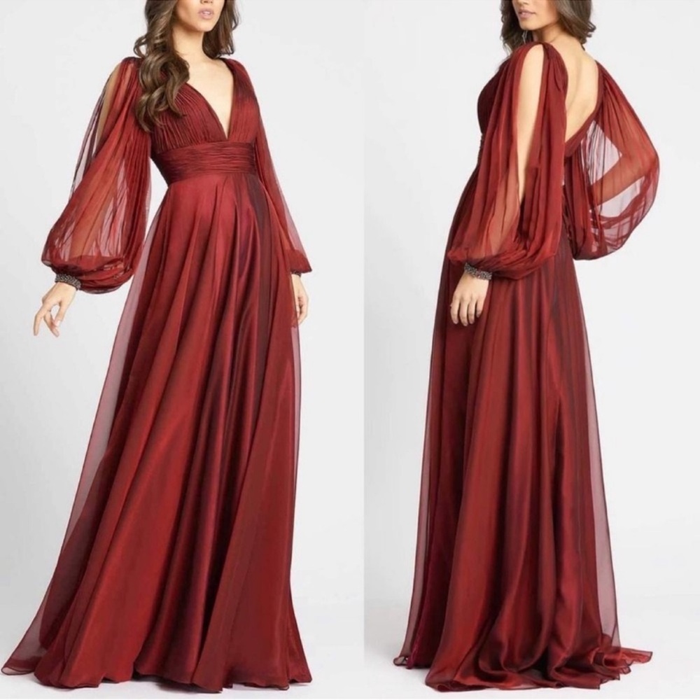 Mac Duggal Deep Red Long Sleeve Gown